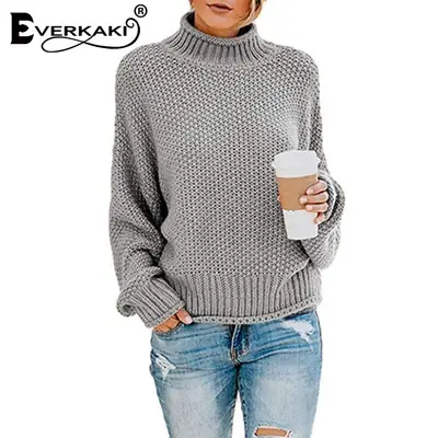 Women High Neck Knitted Sweater Light Blue