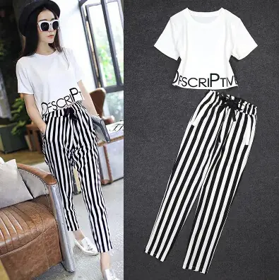 New Star Same Style Women's Clothing Chanel Style Fashionable Short-sleeved T-shirt Striped Harlan Pants Casual suit