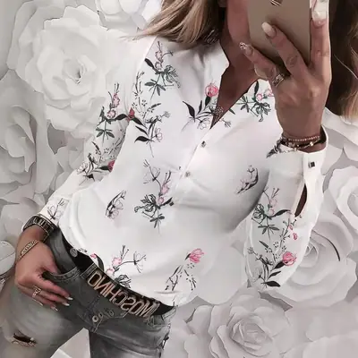 2023 Women's Printed V-Neck Long Sleeve Shirt White