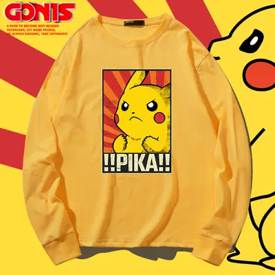 Men Women Blue Pikachu Long Sleeve T-Shirt Pure Cotton