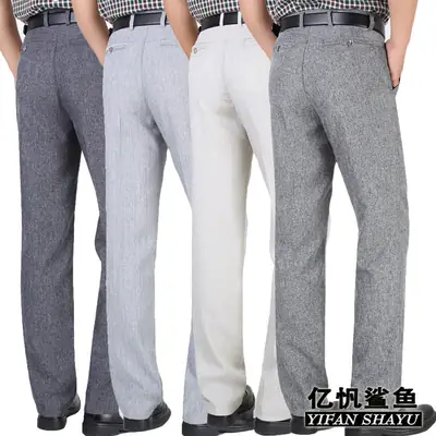 Men's Grey Linen Casual Pants Middle-aged High Waist Straight Long