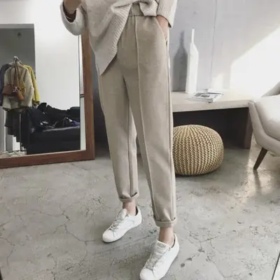 Women Woolen Thickened Casual Pants Black High Waist