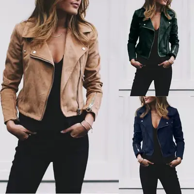 Women's Brown Faux Leather Lapel Jacket with Zipper Front