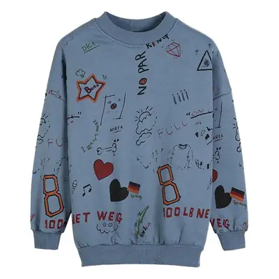 Women's Blue Graffiti Thin Coat with Glasses & Hat