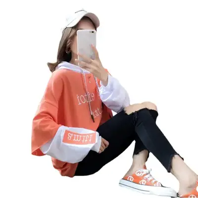 Women Hooded Sweatshirt Set Orange White Spliced Long Sleeve