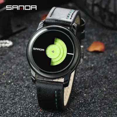 Sanda Men's Quartz Watch Black Rose Gold Brown Leather Band
