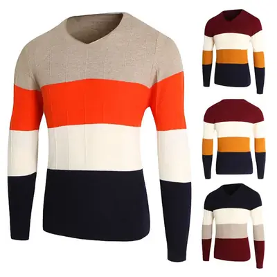Men V-Neck Pullover Sweater Maroon White Orange Blue