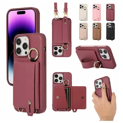 Black Lychee Pattern Phone Case with Crossbody Strap