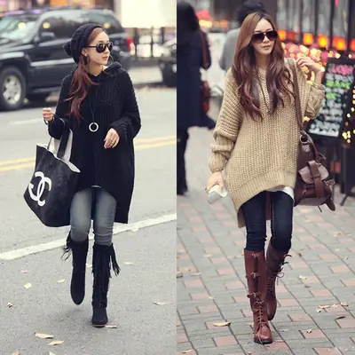 Women Knitted Sweater Coat Black Beige Boots