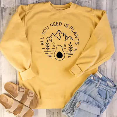 White Round Neck Sweatshirt with Plant Graphic