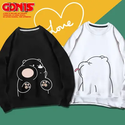 Men's White Bear Print Sweatshirt Spring Autumn Loose Fit