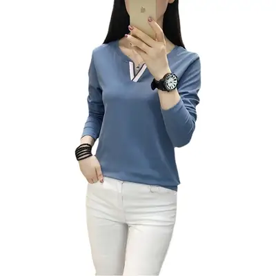 Women Long Sleeve V Neck T-Shirt White Large