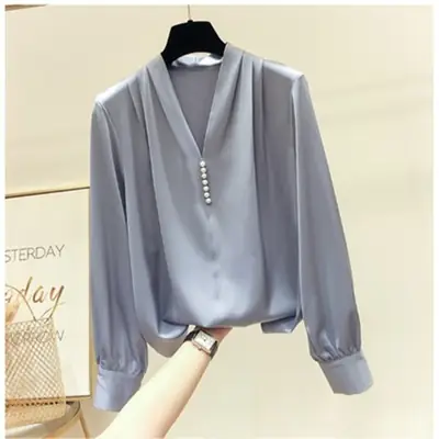 Women V-Neck Chiffon Pullover Grey Long Sleeve