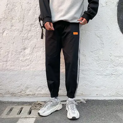 Men Ankle-Tied Sports Pants Beige with Red Strip