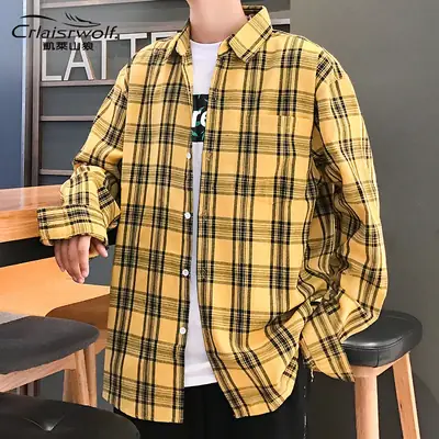 Men Red Plaid Long Sleeve Shirt Loose Fit Casual Wear
