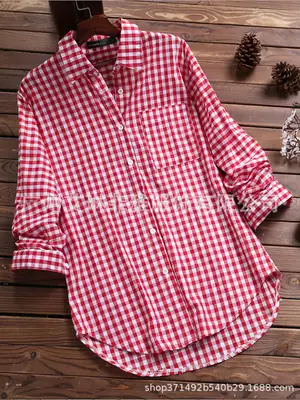 Women Cotton Plaid Lapel Shirt Navy Blue 2025