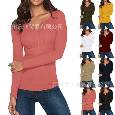 Women V-Neck Button Slim Fit Long Sleeve Top