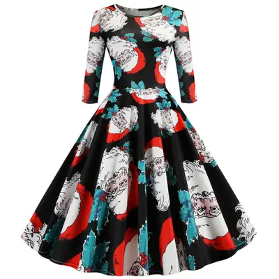 2019 Christmas Half Sleeve Vintage Printed A-Line Dress