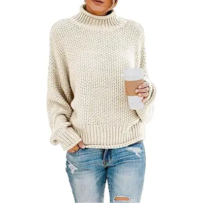 Women High Neck Knitted Sweater Olive Green Loose Fit