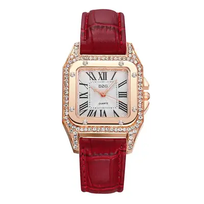 Women's Square Diamond Roman Watch Red Leather Belt
