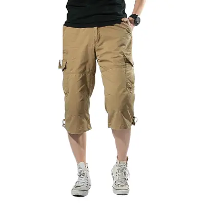 Men Capri Pants Olive Green 5cm Elastic Waist