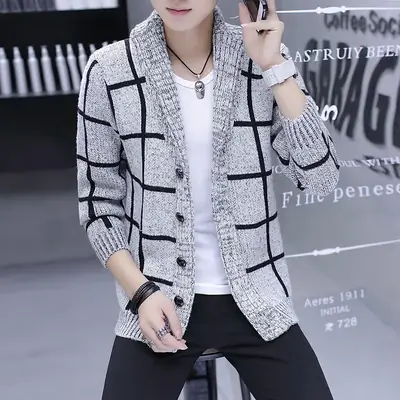Men's Blue White Grid Knitwear Lapel Jacket