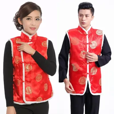 Women Chinese Button Cotton Vest Black Red New Year Warm Winter Tang Suit Vest