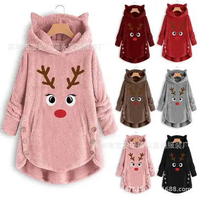 Women's Button Plush Hoodie Red Deer Antlers Winter