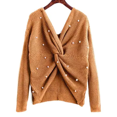 Black Knit V Neck Pullover Top for Women