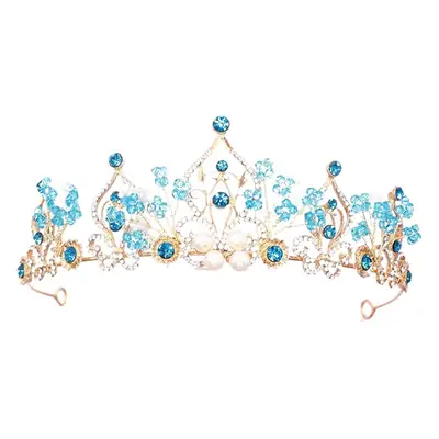 Crystal Pearl Crown Hairband Blue Gold 6cm High