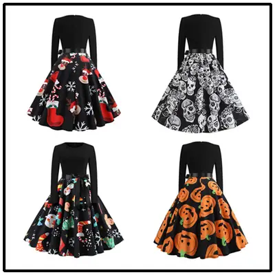 Black Christmas Print Long Sleeve Skirted Dress