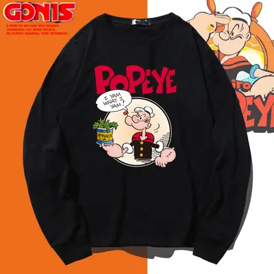 Men Popye Cartoon Long Sleeve T-Shirt Black