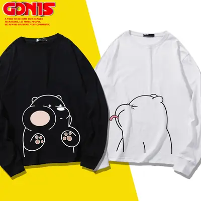 Teen Cartoon Bear Sweatshirt Grey Large Cotton Loose