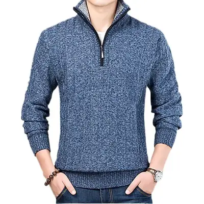 Men's Grey Knit Half-Zip Sweater 2019 Winter
