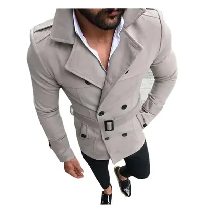 Men's Cross-Border Woolen Windbreaker Double Breasted Belt