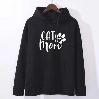 Gray Cat Mom Hooded Sweatshirt Long Sleeve