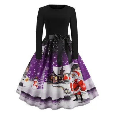 Christmas Print Long Sleeve Skirt Dress Black Red