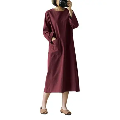 Long Sleeve Cotton Linen Dress Large Women
