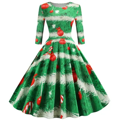 2019 Christmas Mid Sleeve Printed A-Line Dress Green Red