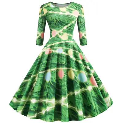 2019 Christmas A-Line Printed Green Dress