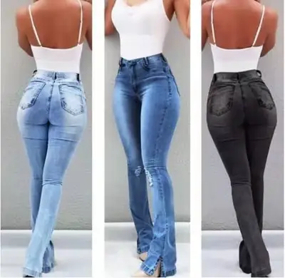 2019 Wide Foot High Waist Elastic Hole Jeans Women
