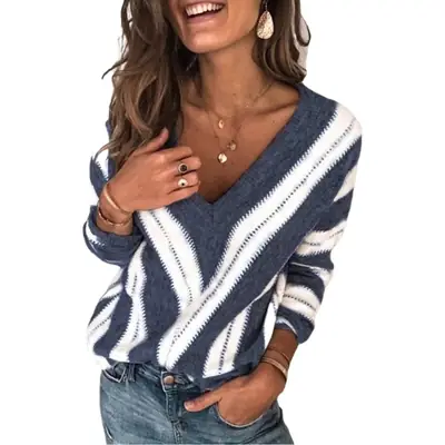 V-Neck Striped Knit Sweater Maroon White
