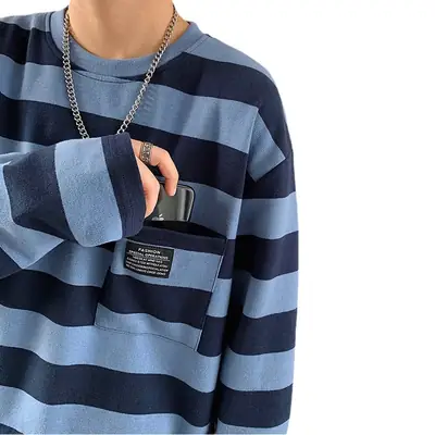 Women Striped Long Sleeve T-Shirt Blue Brown Yellow 2019