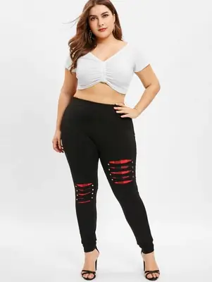 2019 Fat Butt Slim Leggings Black Red Knee Detail