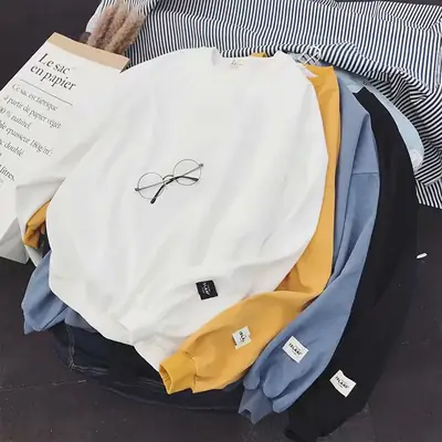 Men's White Loose Korean Style Long Sleeve Sweatshirt
