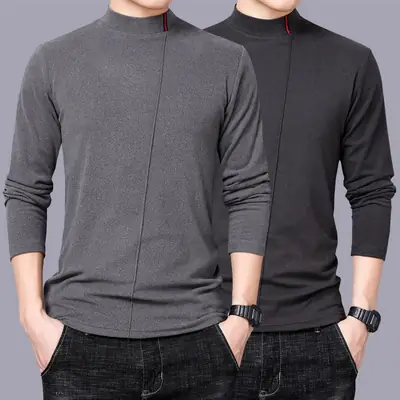 Men's Grey Fleece Turtleneck Long Sleeve Warm Shirt