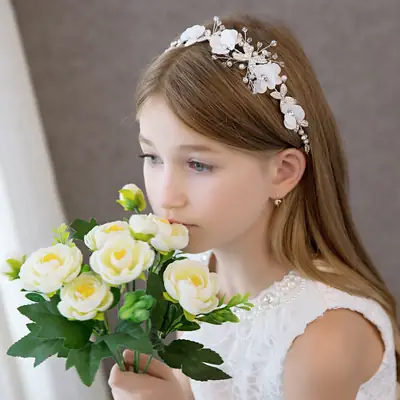 Korean Style Bride Headband with White Flowers & Diamond Accents