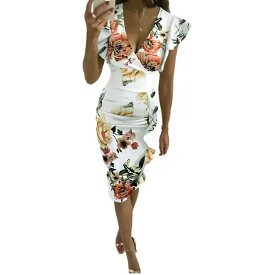 2025 Hot Summer V Neck Slim Waist Pleated Ruffle Hip Dress