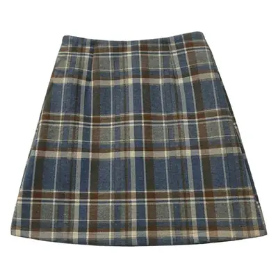Women Wool Plaid High Waist Skirt Black Brown