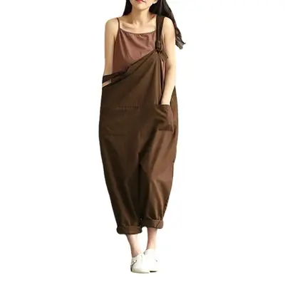 Dark Blue Brushed Suspender Casual Pants for Women
